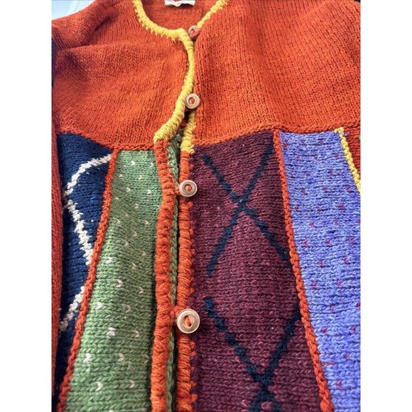 VTG Handmade by Rainbow crafts Cardigan women Size L Knitted Sweater Orange Blue - Picture 7 of 10